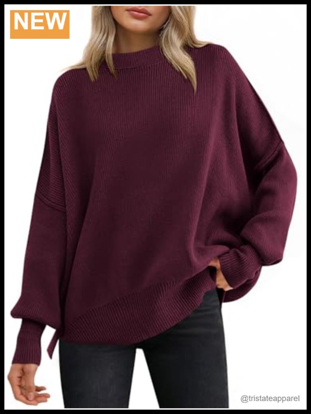 Oversized Ribbed Knit Sweater Batwing Sleeve Crewneck Pullover
